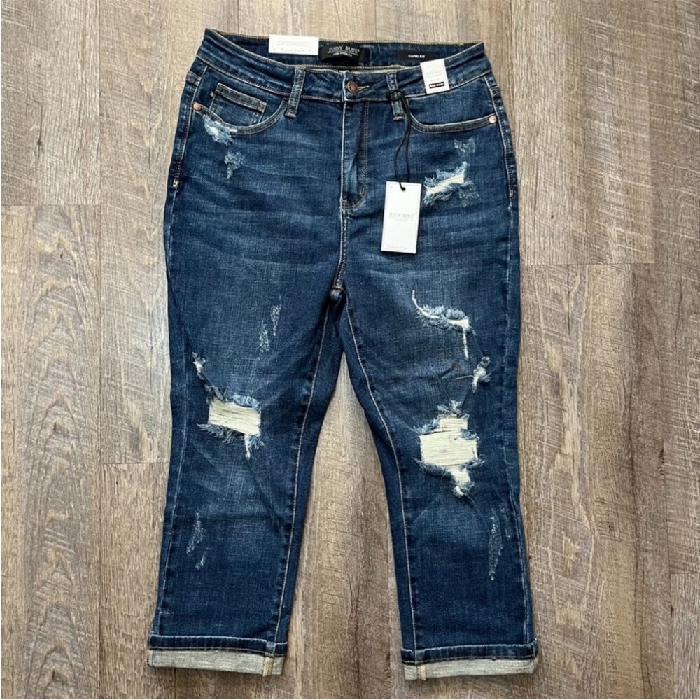COPY - Distressed Blue Jean Capri Judy Blue High Rise